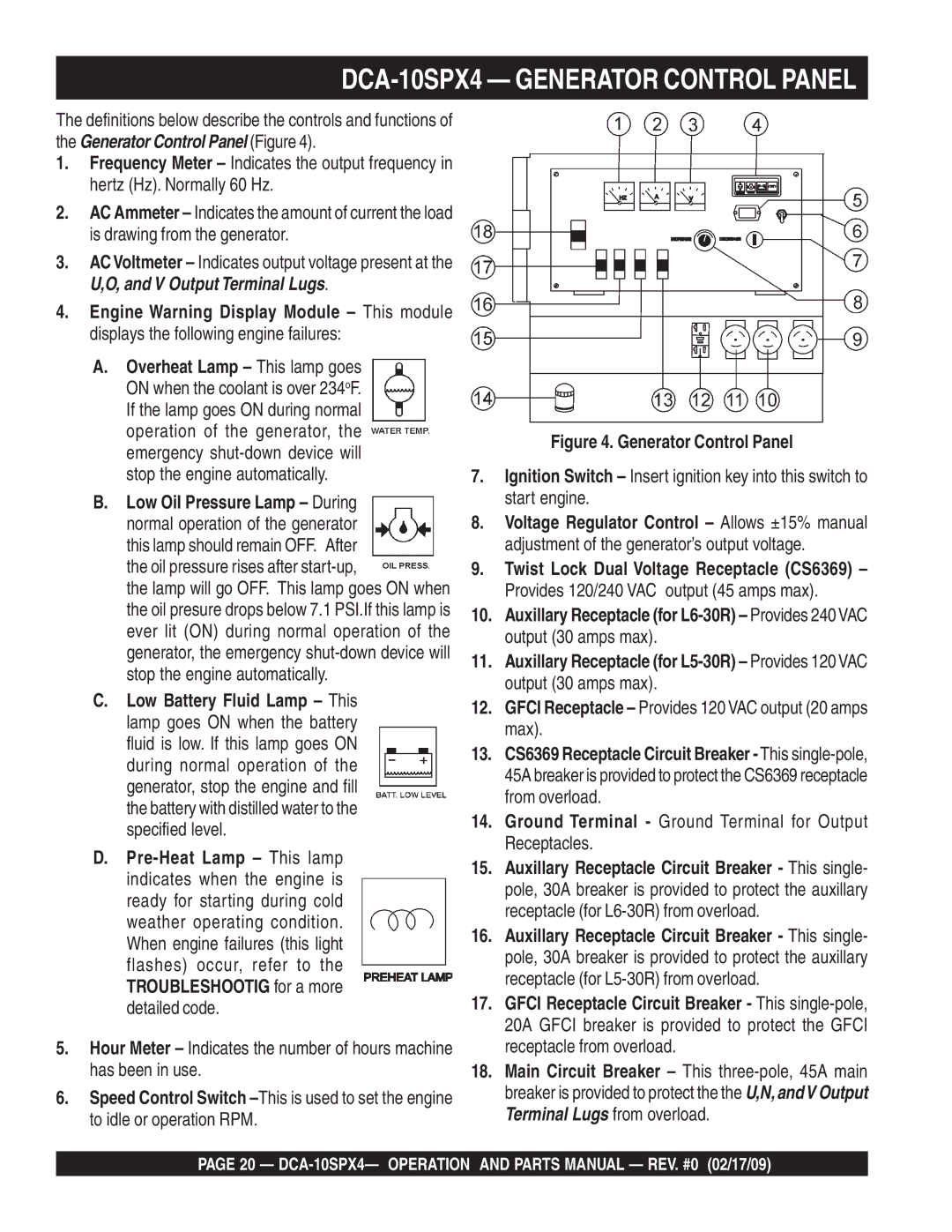 Multiquip operation manual DCA-10SPX4 Generator Control Panel 