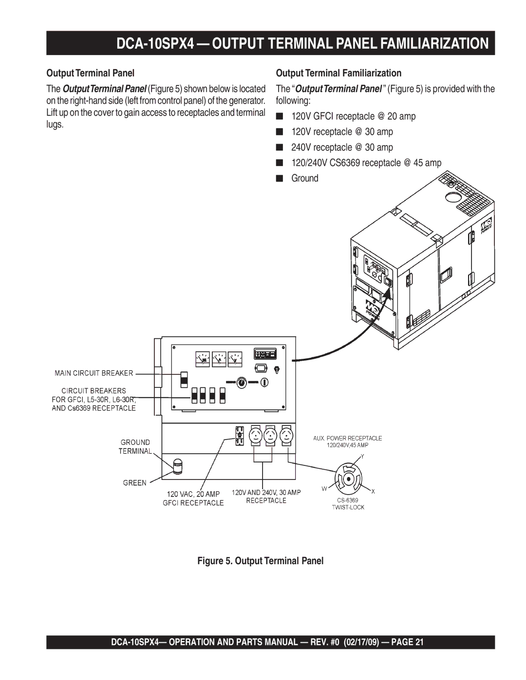 Multiquip operation manual DCA-10SPX4 Output Terminal Panel Familiarization, Output Terminal Familiarization 