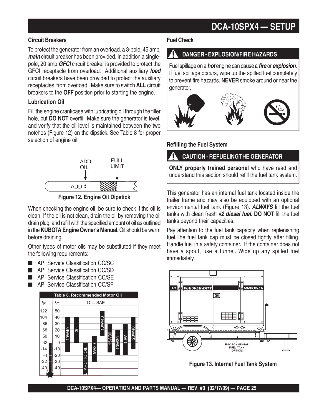 Multiquip operation manual DCA-10SPX4 Setup, Circuit Breakers, Lubrication Oil, Fuel Check, Refilling the Fuel System 