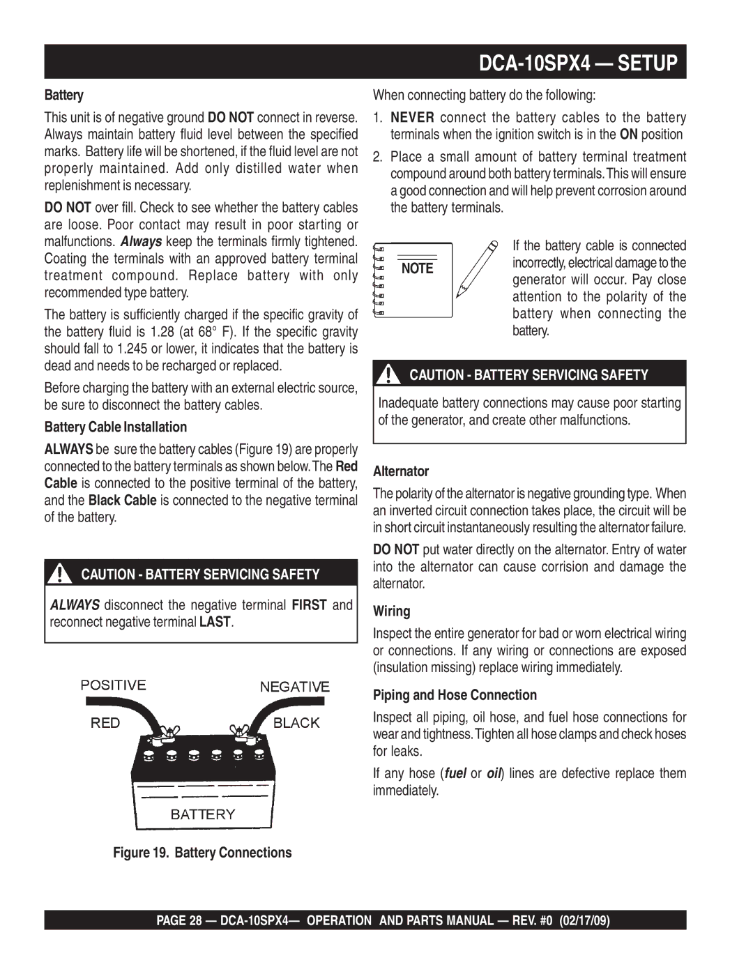 Multiquip DCA-10SPX4 operation manual Battery Cable Installation, Alternator, Wiring, Piping and Hose Connection 