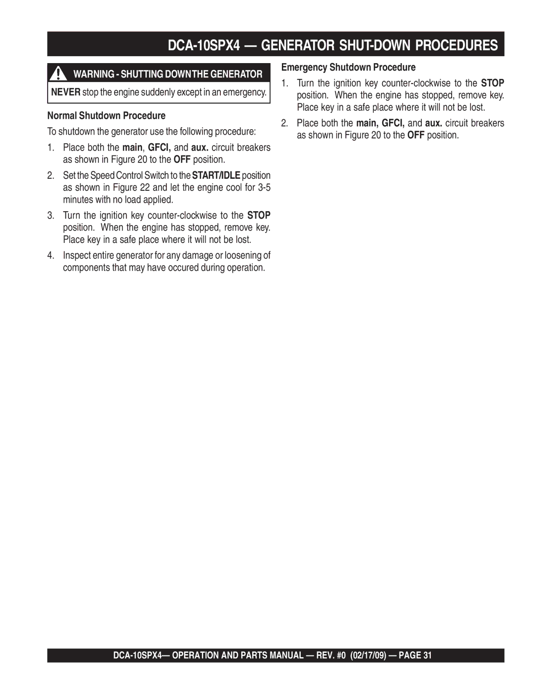 Multiquip DCA-10SPX4 operation manual Normal Shutdown Procedure, Emergency Shutdown Procedure 