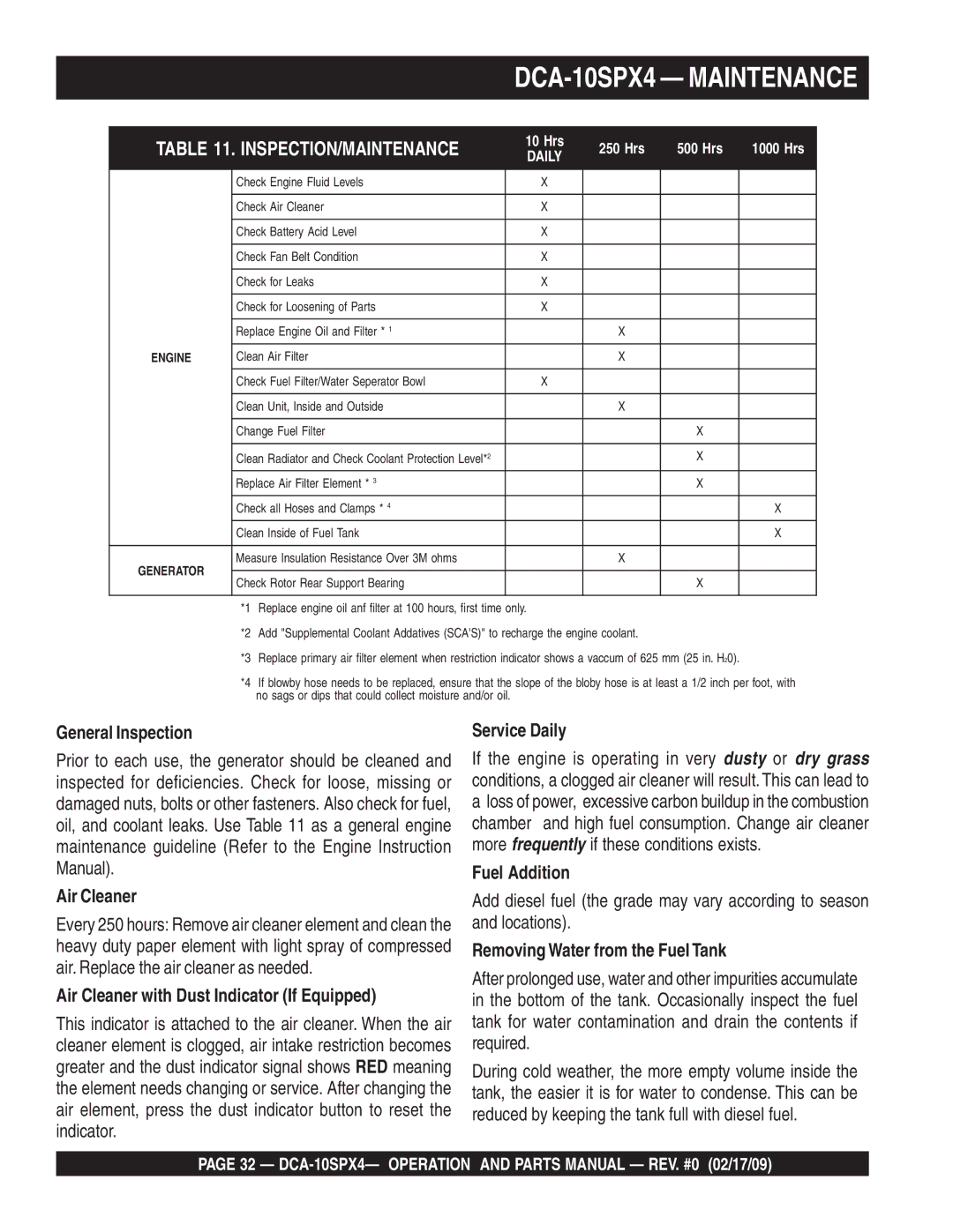 Multiquip operation manual DCA-10SPX4 Maintenance 