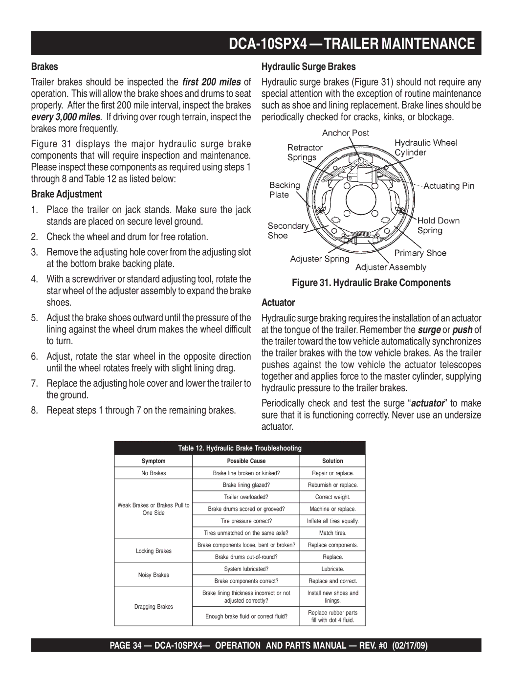 Multiquip DCA-10SPX4 Brake Adjustment, Check the wheel and drum for free rotation, Hydraulic Surge Brakes 