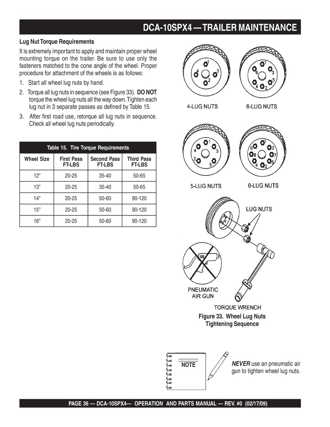 Multiquip DCA-10SPX4 -TRAILER Maintenance, Lug Nut Torque Requirements, Start all wheel lug nuts by hand 