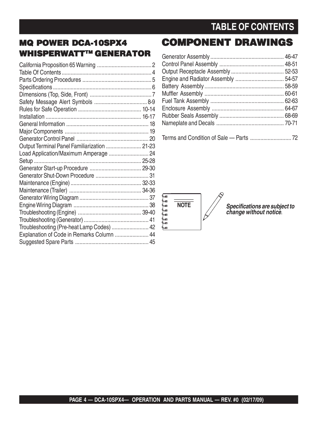 Multiquip DCA-10SPX4 operation manual Table of Contents 