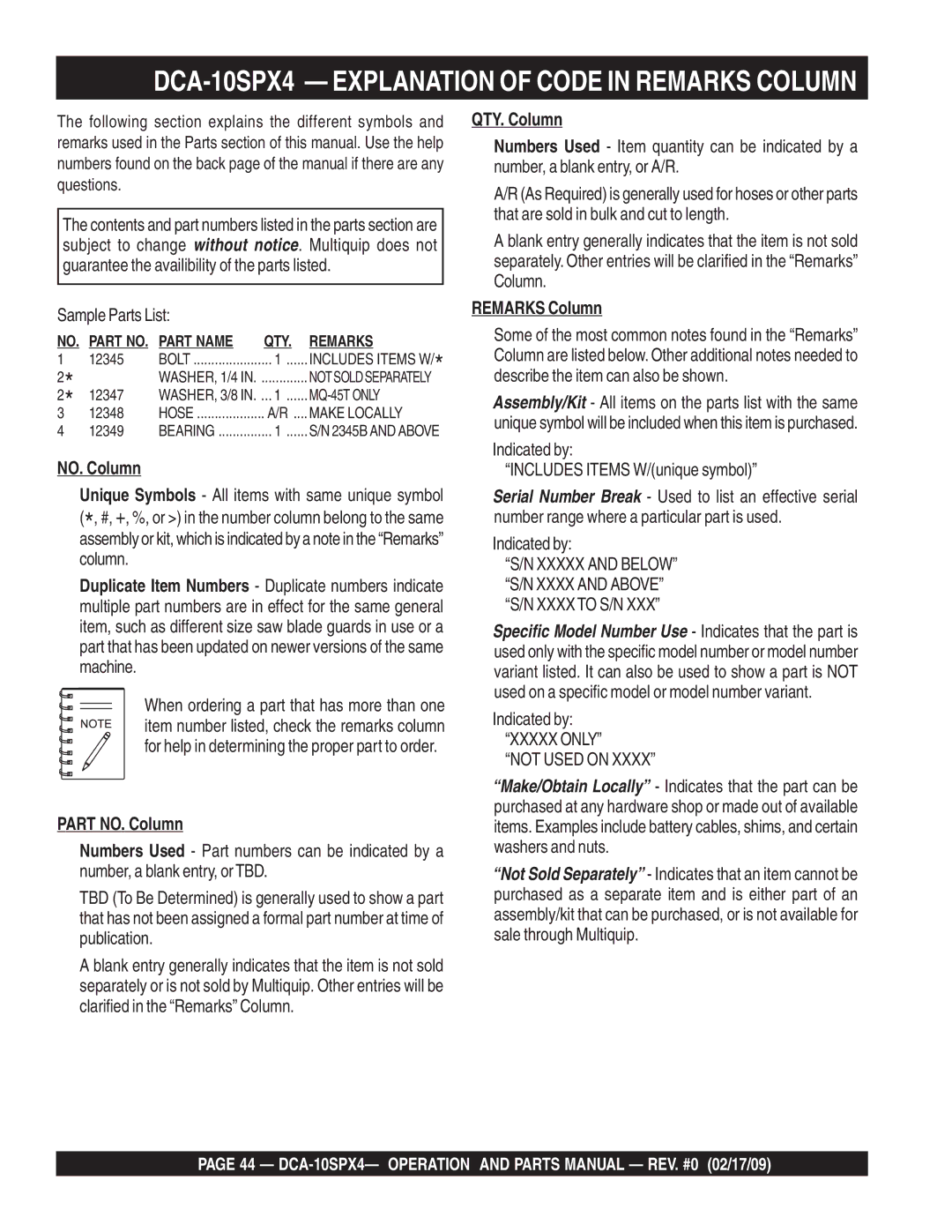 Multiquip operation manual DCA-10SPX4 Explanation of Code in Remarks Column, Sample Parts List 