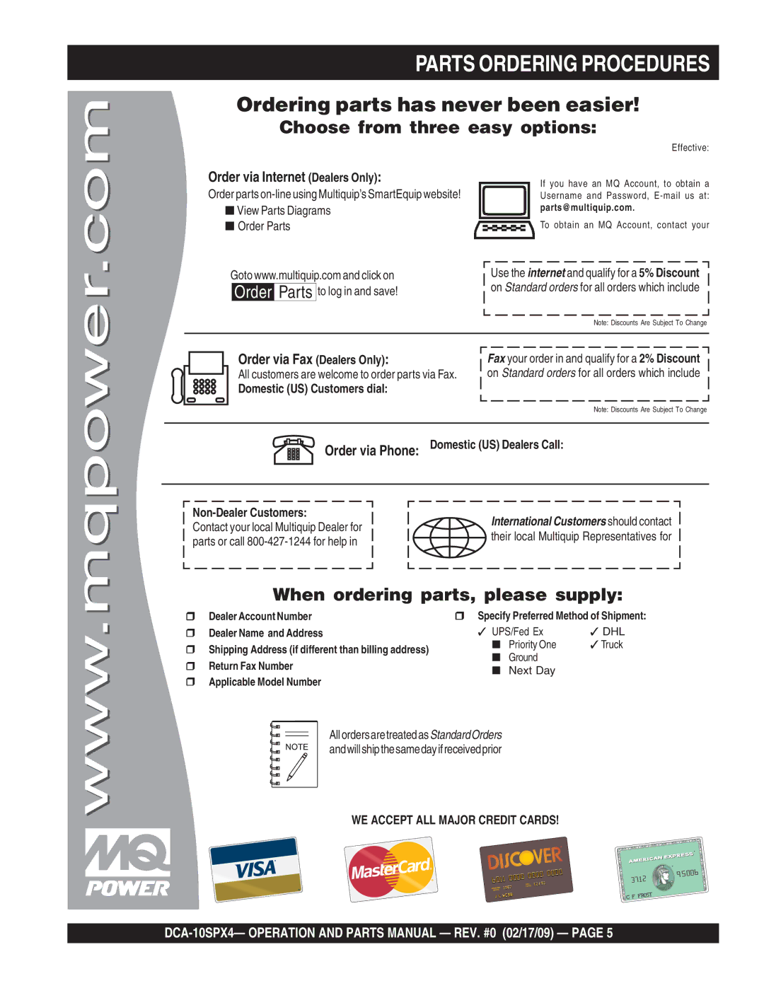 Multiquip DCA-10SPX4 operation manual Parts Ordering Procedures, Ordering parts has never been easier 