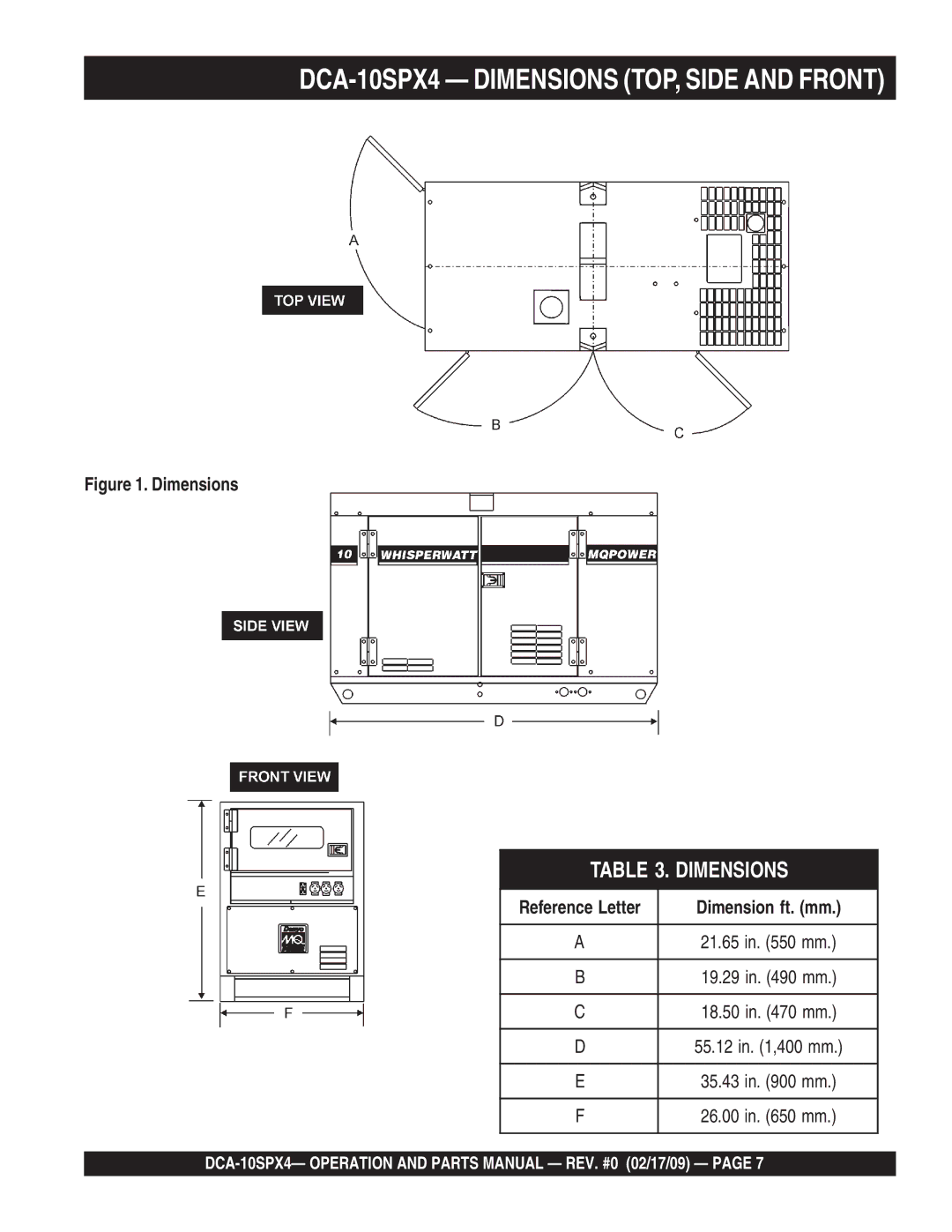 Multiquip DCA-10SPX4 operation manual Dimensions, Dimension ft. mm 