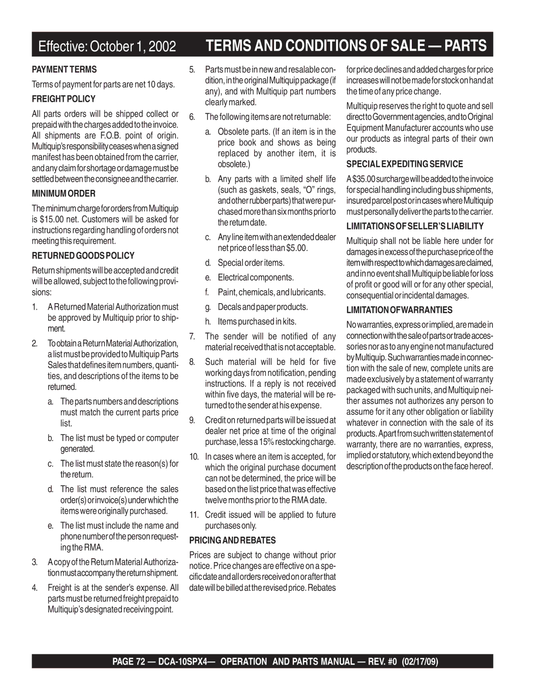 Multiquip DCA-10SPX4 operation manual Terms and Conditions of Sale Parts, Freightpolicy 