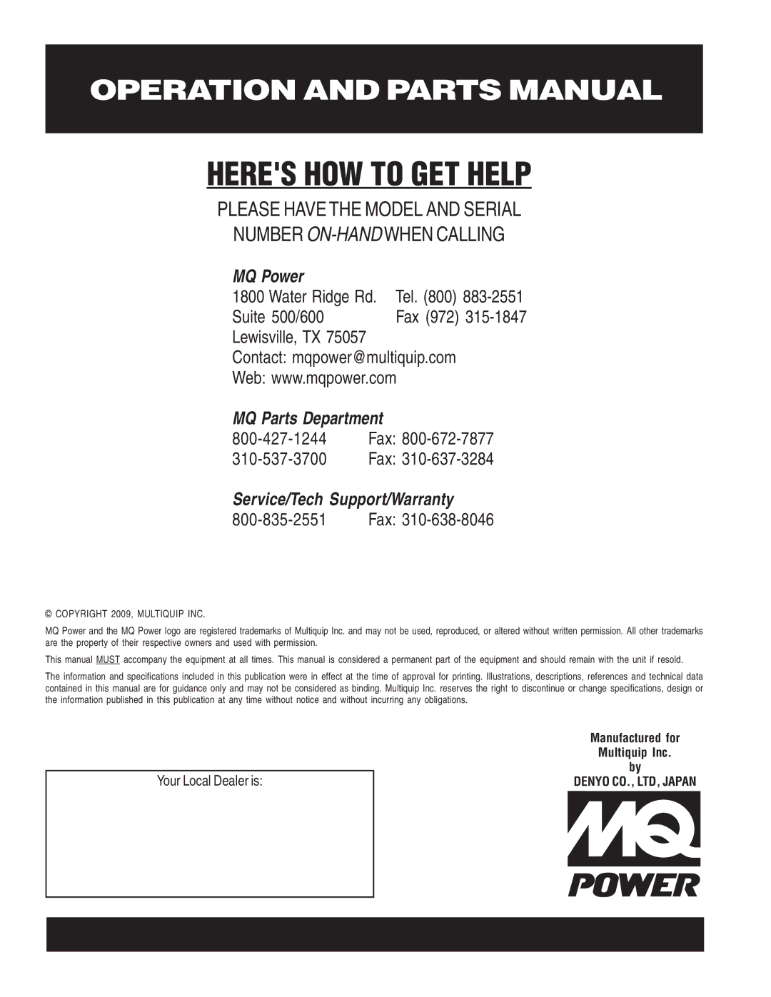 Multiquip DCA-10SPX4 operation manual Fax 972, Lewisville, TX 