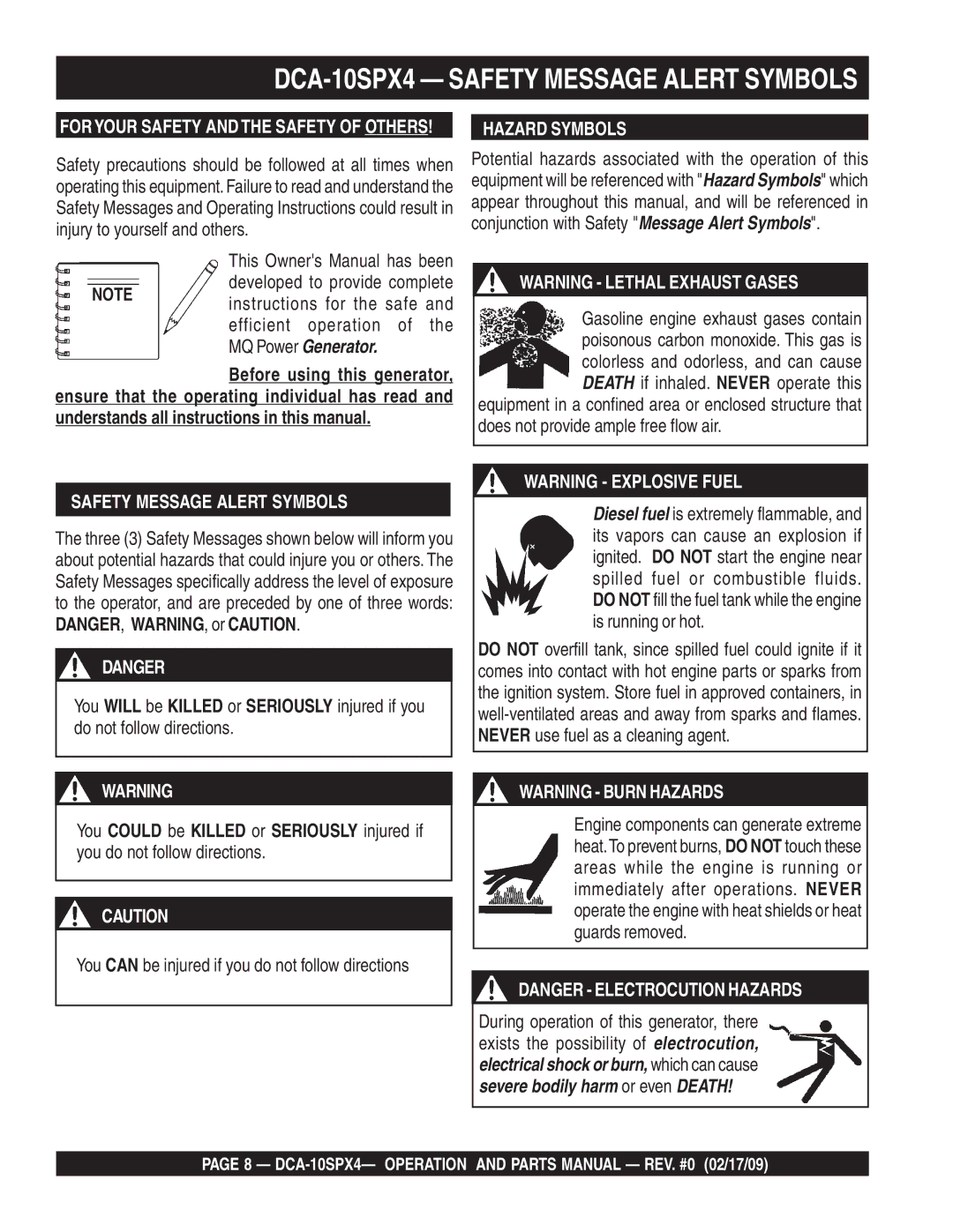 Multiquip operation manual DCA-10SPX4 Safety Message Alert Symbols, Hazard Symbols 