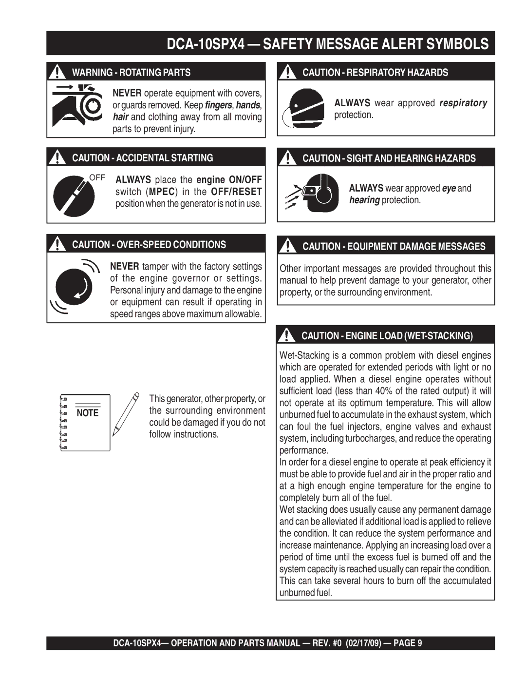 Multiquip operation manual DCA-10SPX4 Safety Message Alert Symbols 