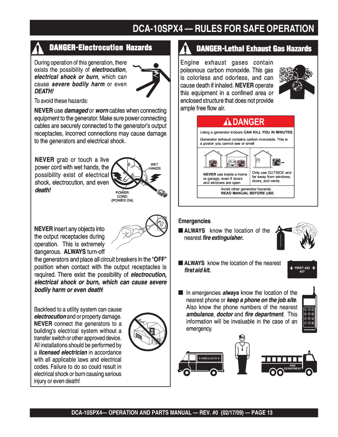Multiquip DCA-10SPX4 DANGER-Electrocution Hazards, DANGER-Lethal Exhaust Gas Hazards, Danger, Death, Emergencies 