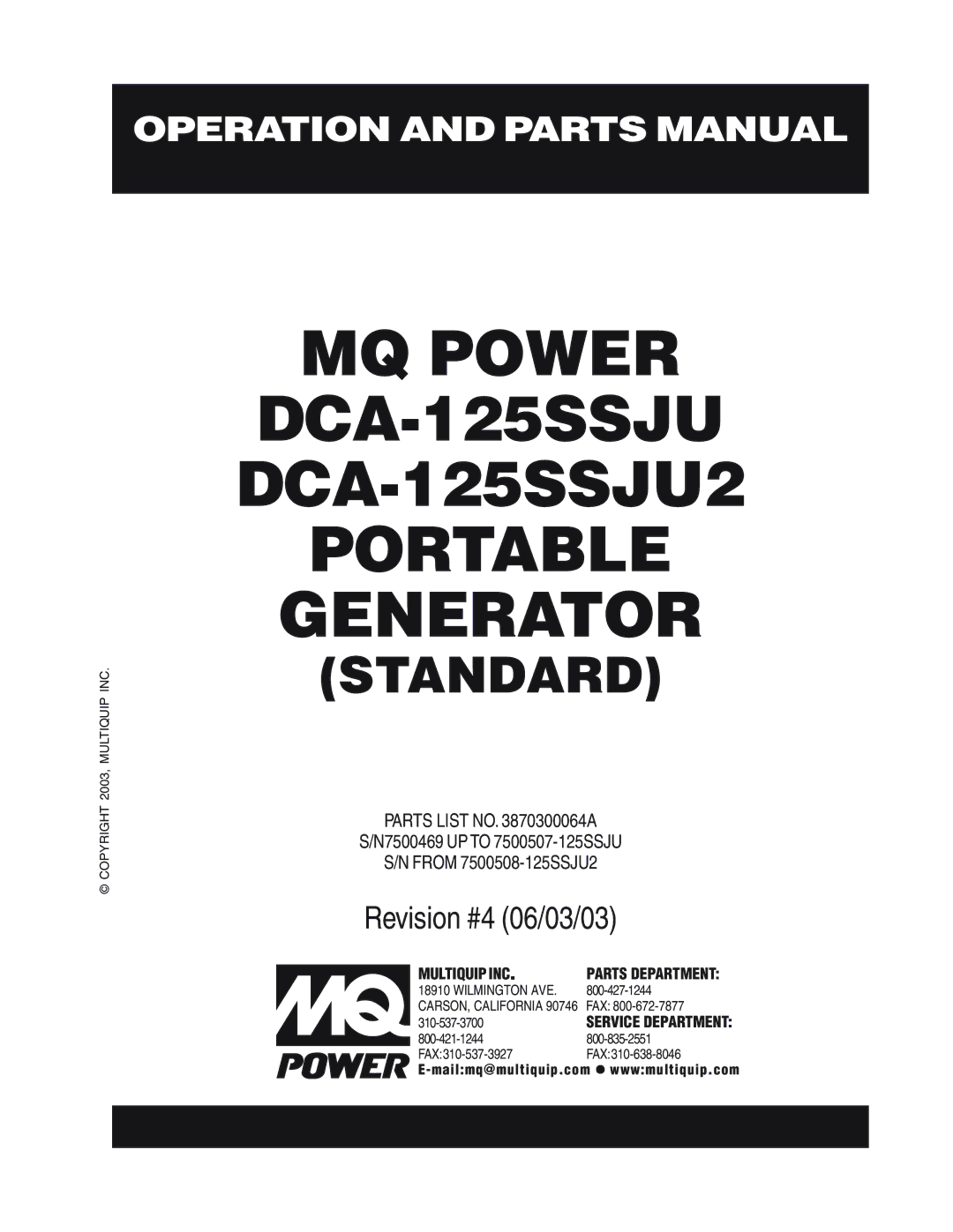 Multiquip manual MQ Power DCA-125SSJU DCA-125SSJU2 Portable Generator 