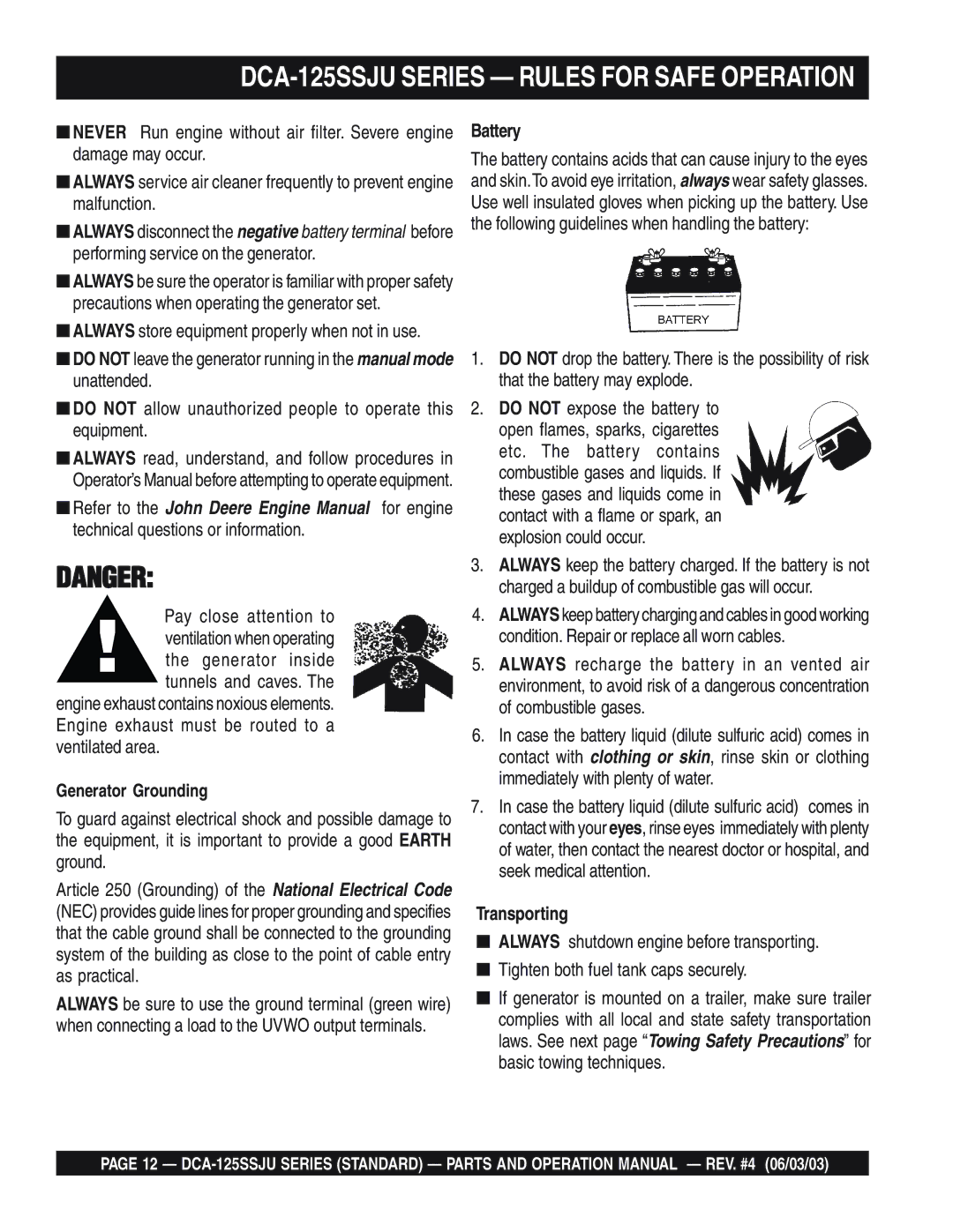 Multiquip DCA-125SSJU manual Battery, Transporting 