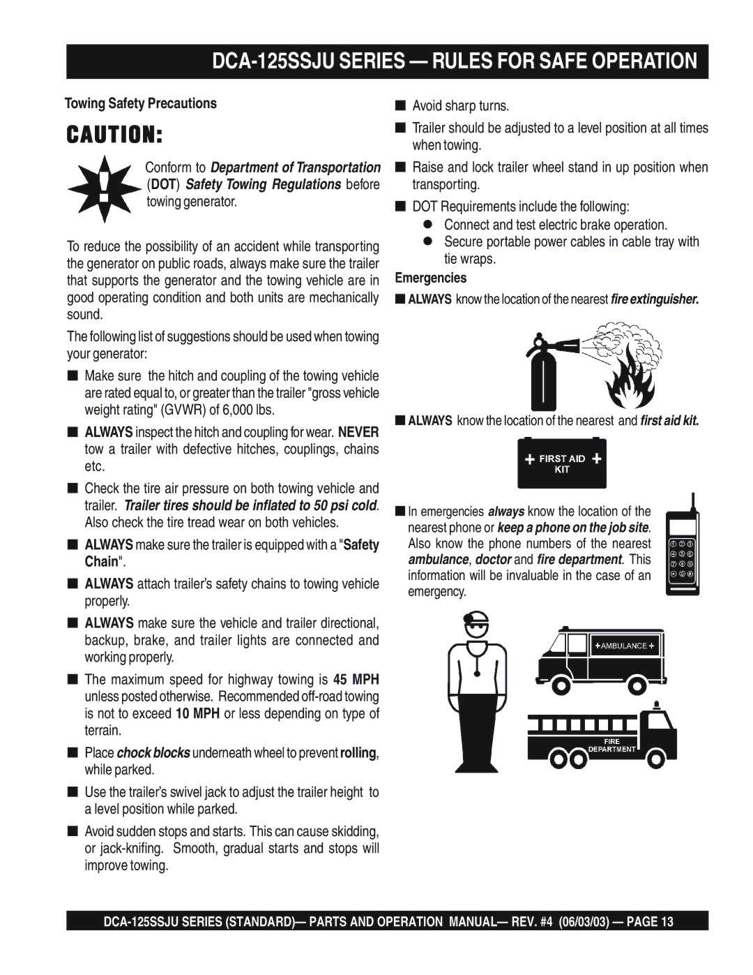 Multiquip DCA-125SSJU manual Towing Safety Precautions, Emergencies 