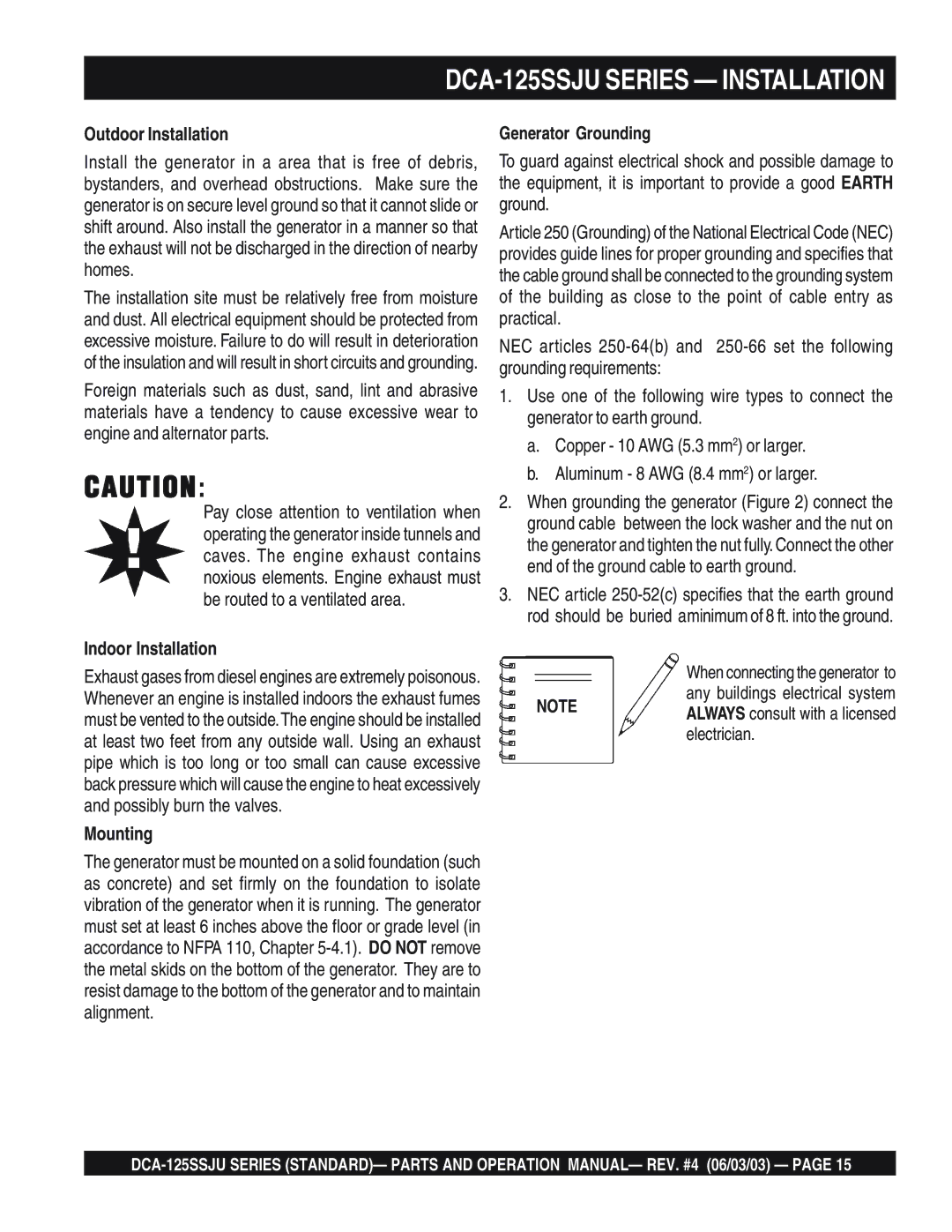 Multiquip manual DCA-125SSJU Series Installation, Outdoor Installation, Indoor Installation, Mounting 