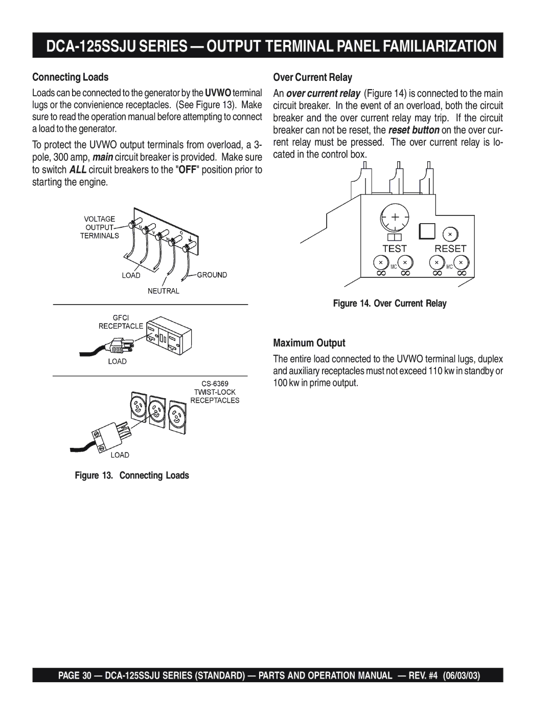 Multiquip DCA-125SSJU manual Connecting Loads, Over Current Relay, Maximum Output 