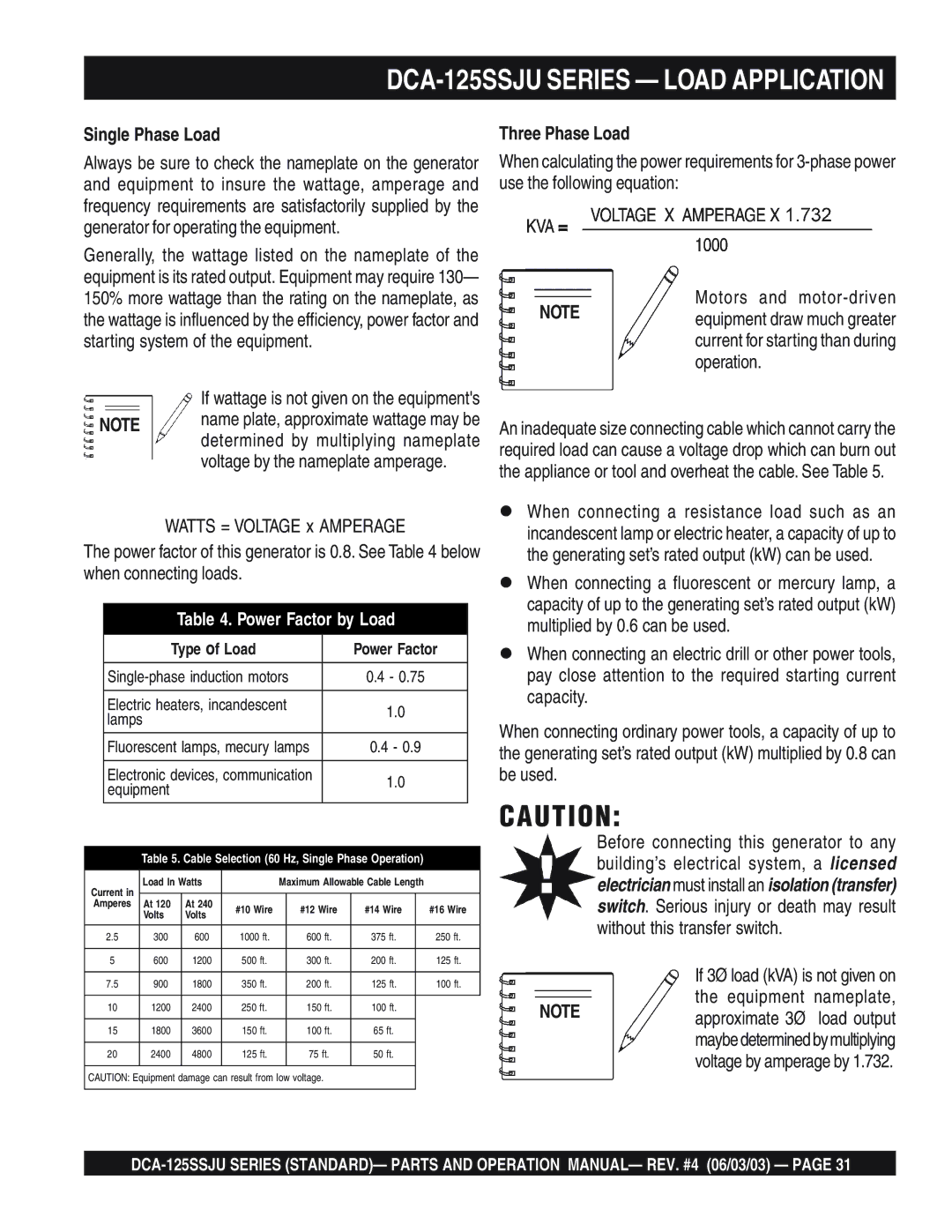 Multiquip manual DCA-125SSJU Series Load Application, Single Phase Load, Three Phase Load 