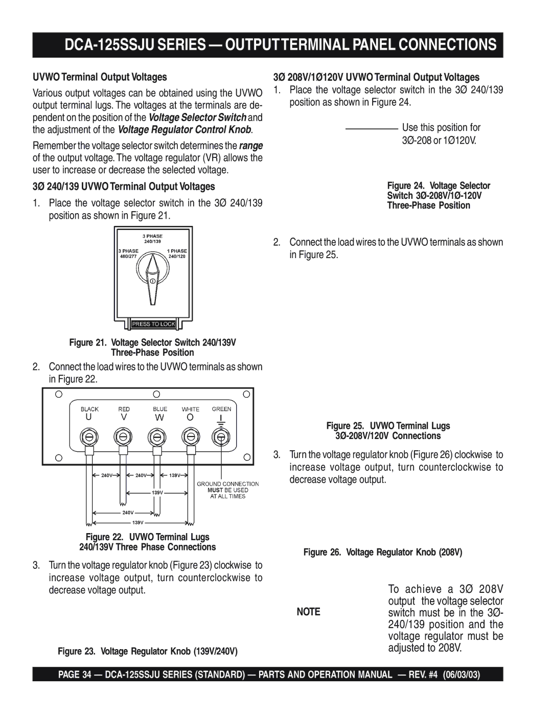 Multiquip manual DCA-125SSJU Series Outputterminal Panel Connections, Uvwo Terminal Output Voltages 