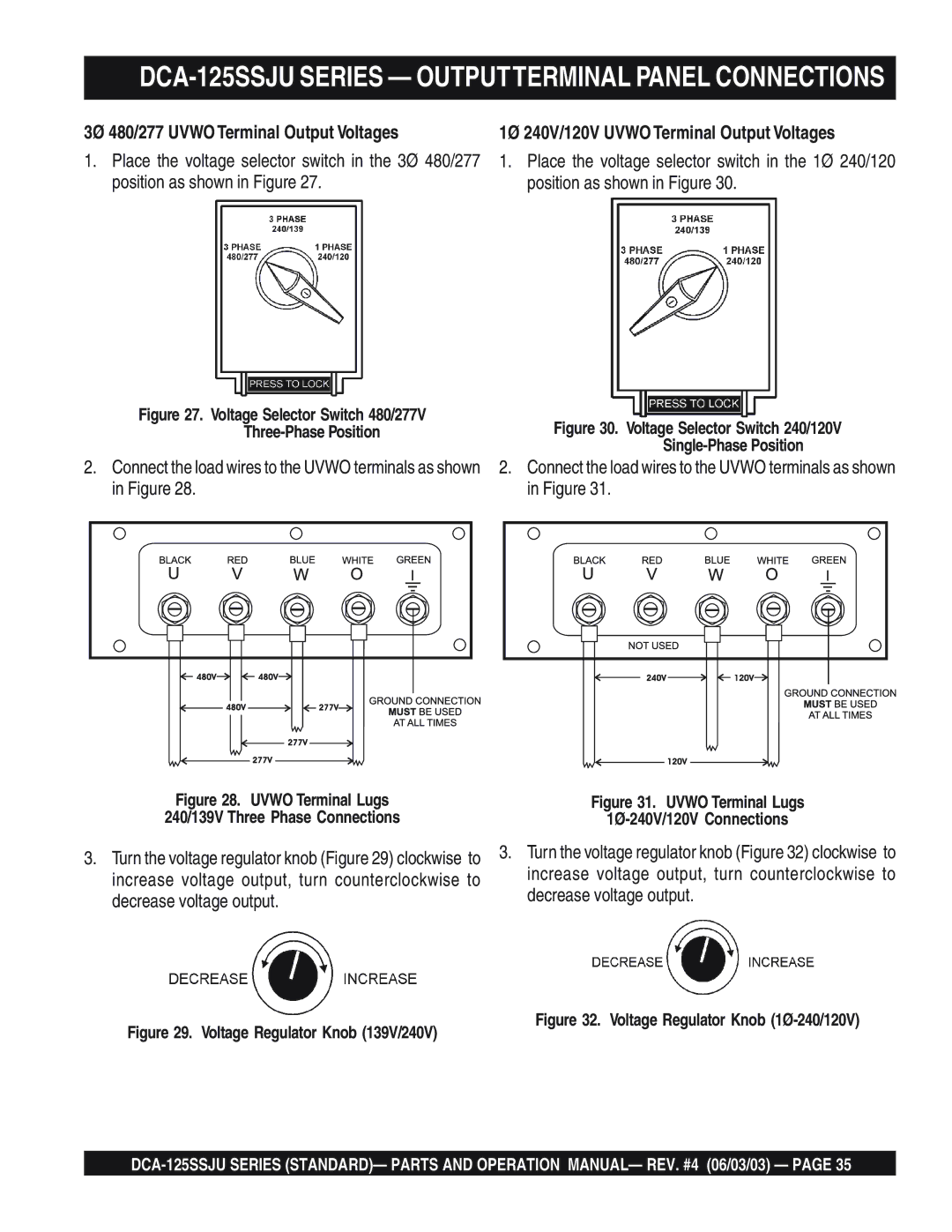 Multiquip DCA-125SSJU manual 3Ø 480/277 Uvwo Terminal Output Voltages, 1Ø 240V/120V Uvwo Terminal Output Voltages 