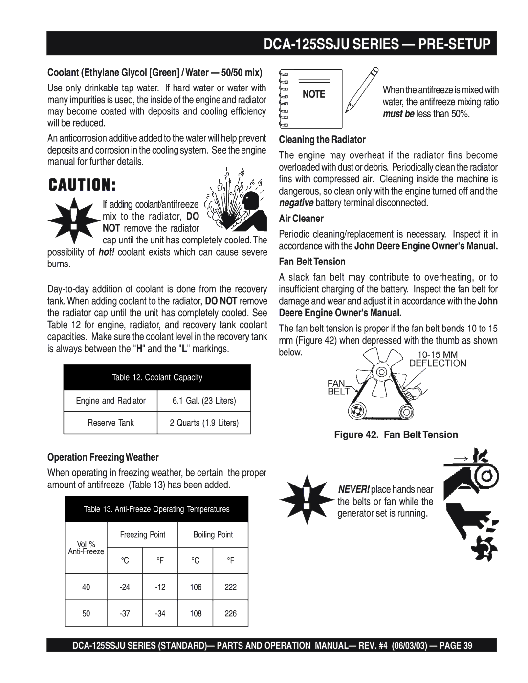 Multiquip DCA-125SSJU manual Must be less than 50%, Cleaning the Radiator, Air Cleaner Fan Belt Tension 