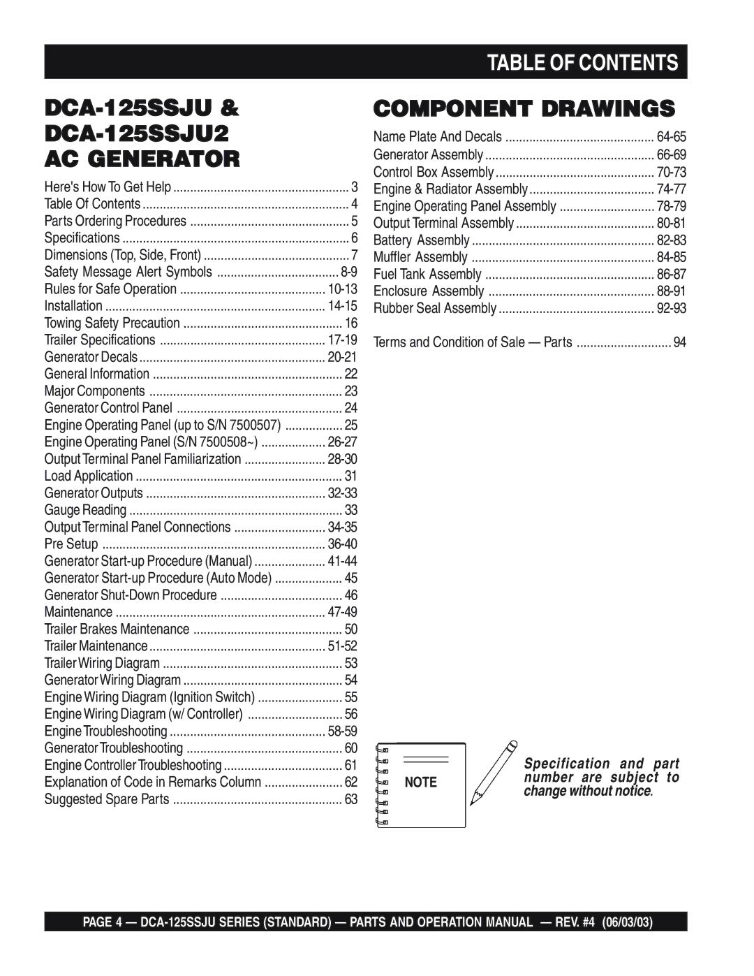 Multiquip DCA-125SSJU manual Table of Contents 