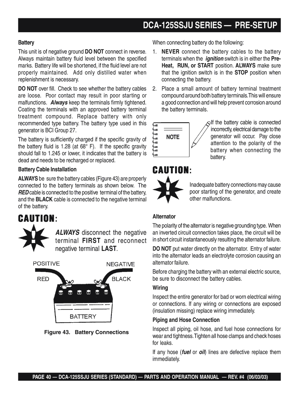 Multiquip DCA-125SSJU manual Battery Cable Installation, When connecting battery do the following, Alternator, Wiring 