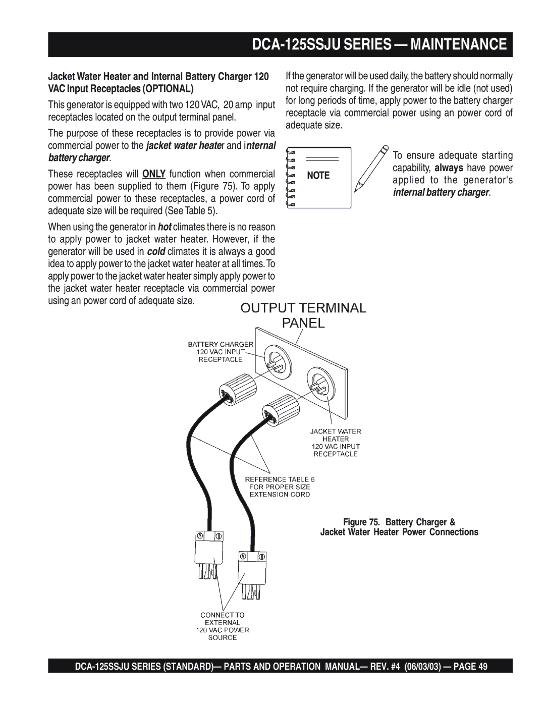 Multiquip manual DCA-125SSJU Series Maintenance, Battery Charger Jacket Water Heater Power Connections 