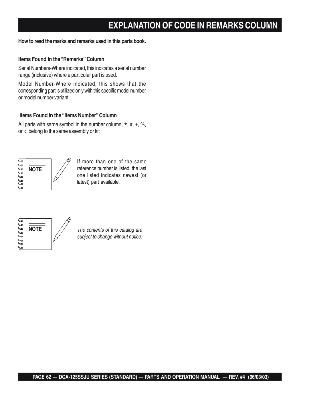 Multiquip DCA-125SSJU manual Explanation of Code in Remarks Column, Items Found In the Items Number Column 