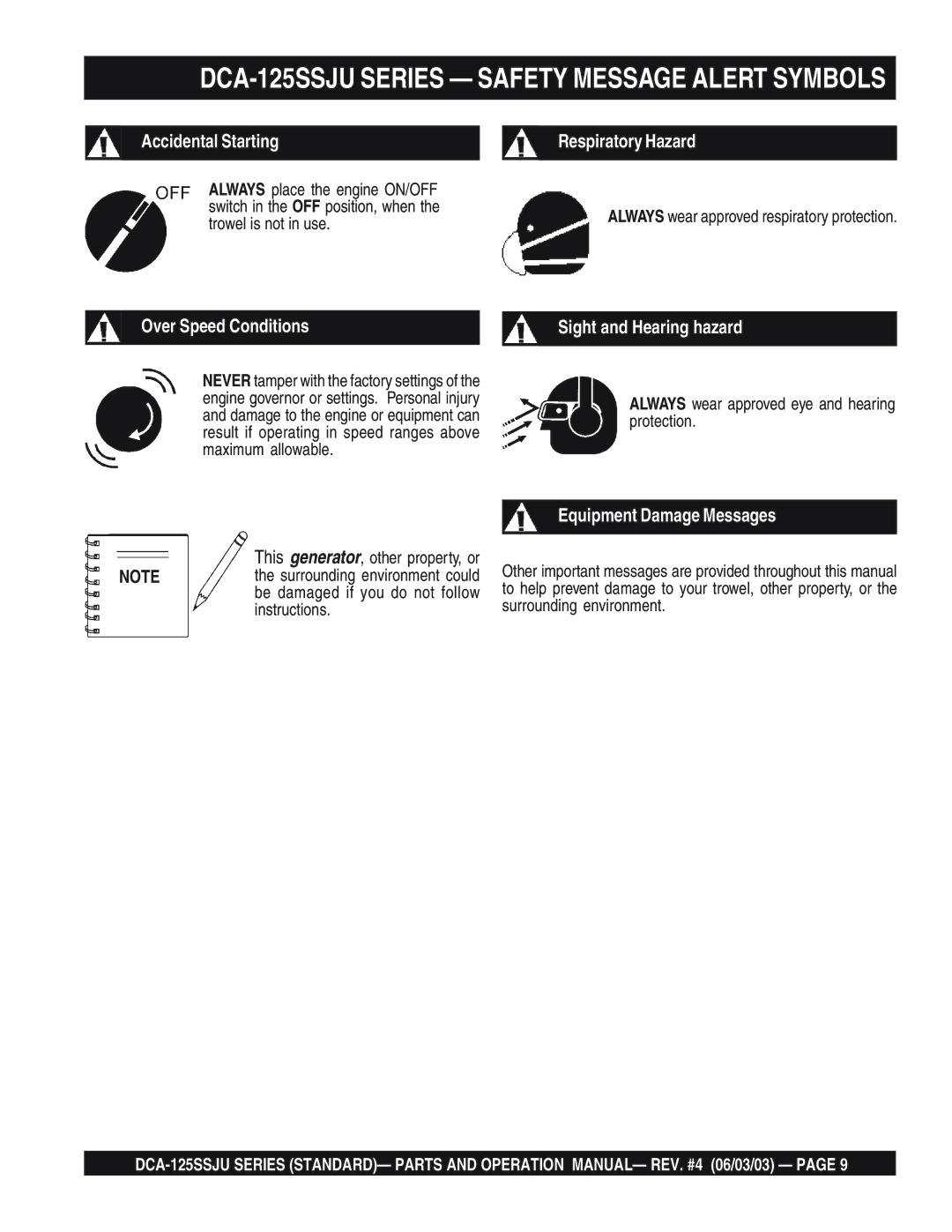 Multiquip manual DCA-125SSJU Series Safety Message Alert Symbols, Over Speed Conditions Sight and Hearing hazard 