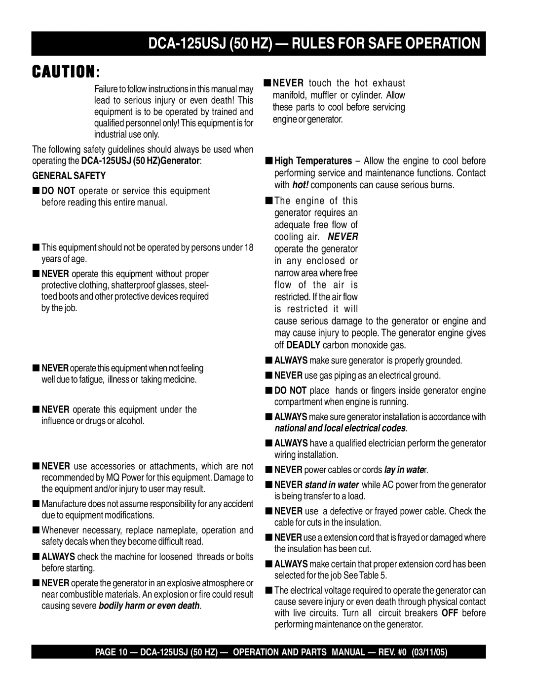 Multiquip operation manual DCA-125USJ 50 HZ Rules for Safe Operation 