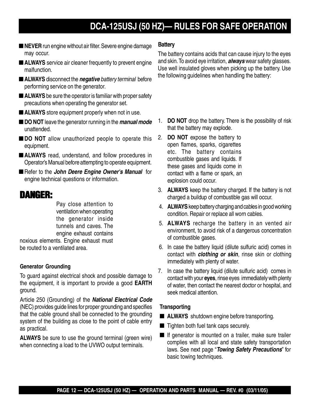 Multiquip operation manual DCA-125USJ 50 HZ- Rules for Safe Operation, Battery, Transporting 