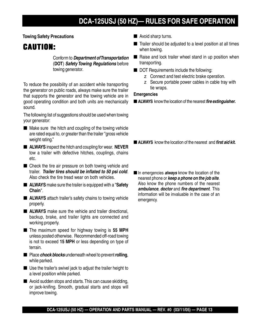 Multiquip operation manual DCA-125USJ 50 HZ- Rules for Safe Operation, Towing Safety Precautions 