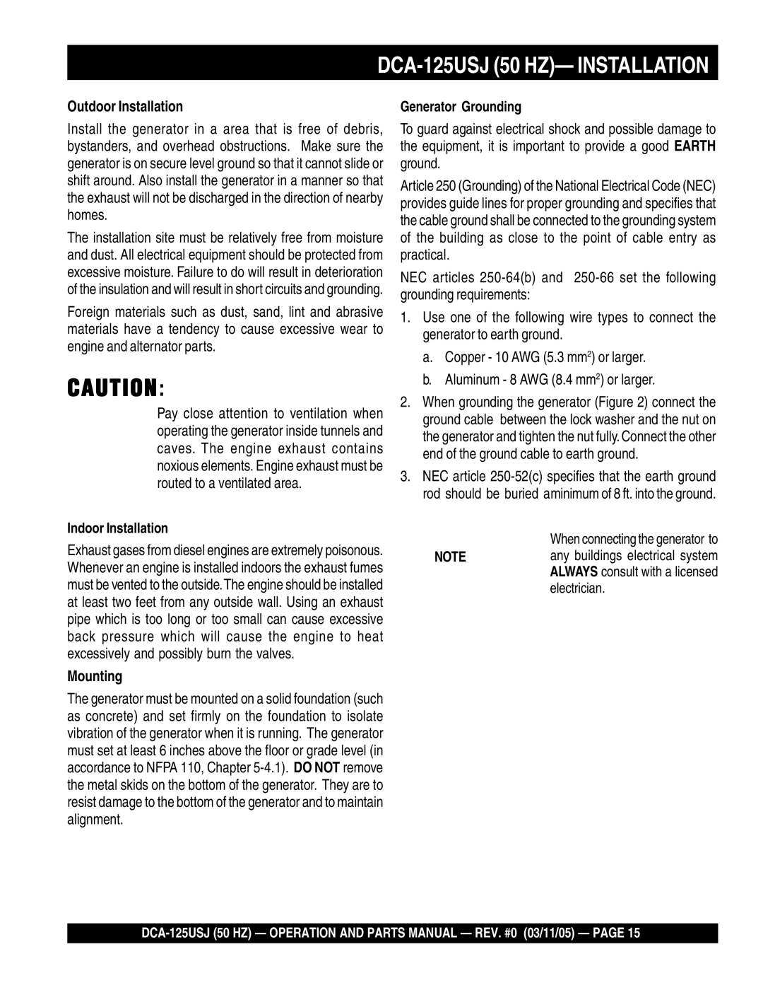 Multiquip operation manual DCA-125USJ 50 HZ- Installation, Outdoor Installation, Mounting 