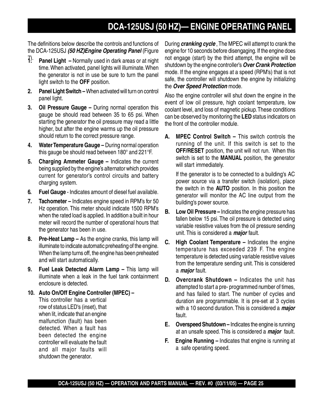 Multiquip operation manual DCA-125USJ 50 HZ- Engine Operating Panel 