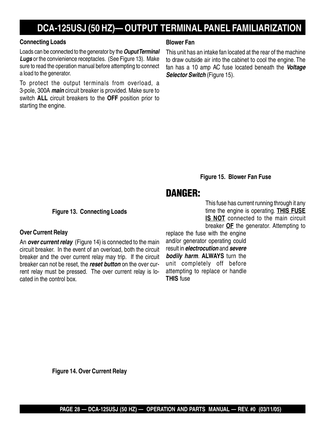 Multiquip DCA-125USJ operation manual Connecting Loads, Blower Fan 