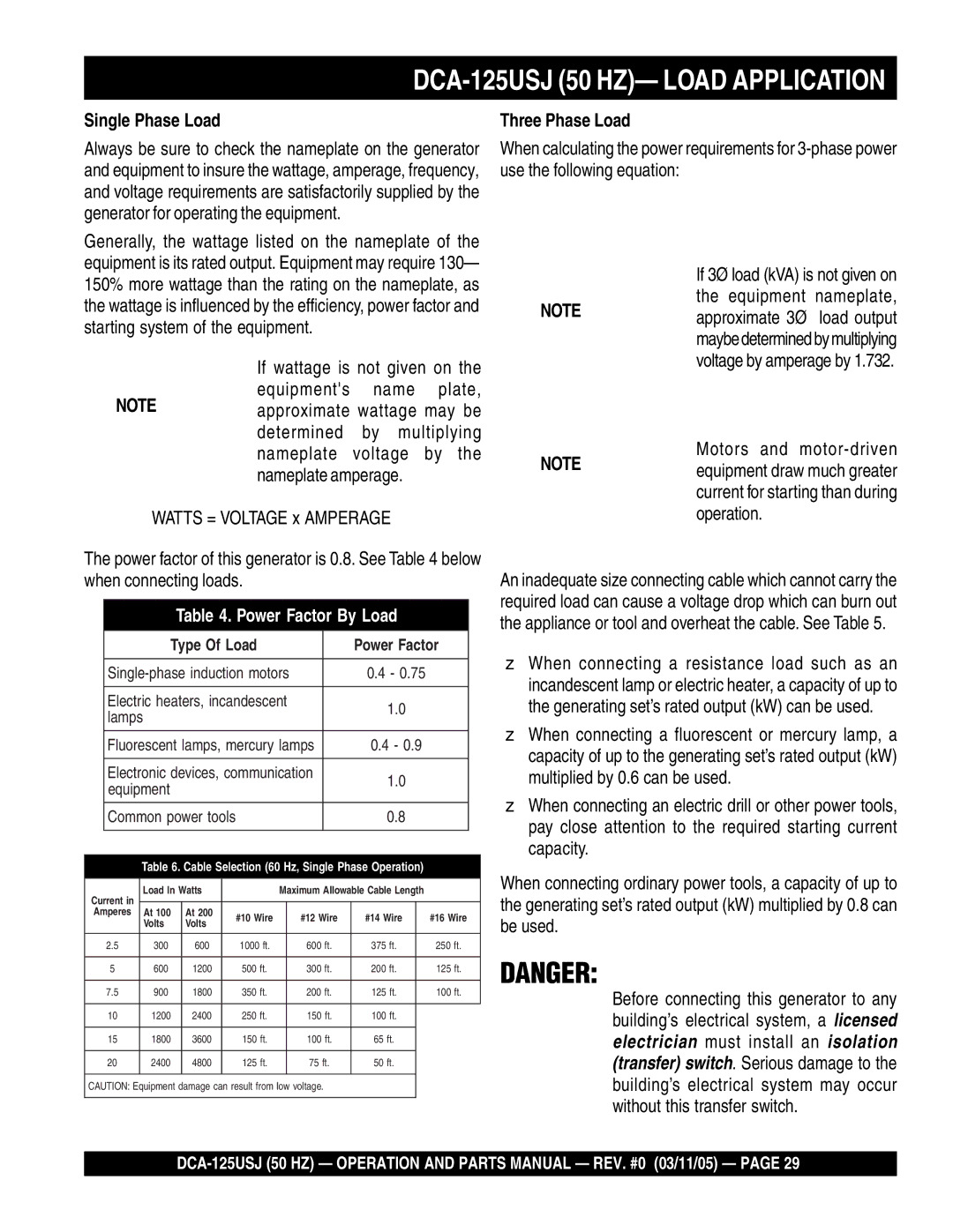 Multiquip DCA-125USJ 50 HZ- Load Application, Single Phase Load, Three Phase Load, Motors and motor-driven 