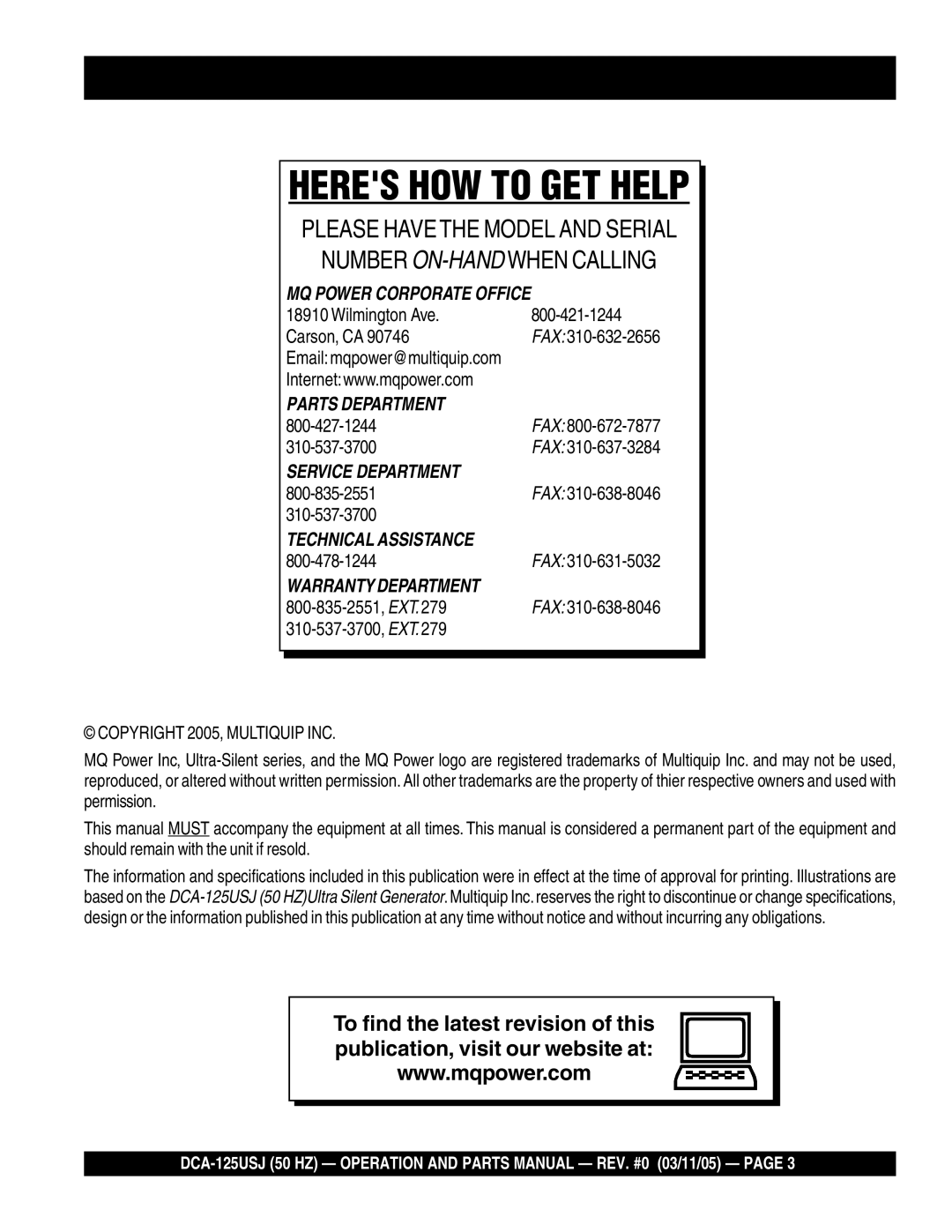 Multiquip DCA-125USJ operation manual Heres HOW to GET Help, Wilmington Ave Carson, CA 