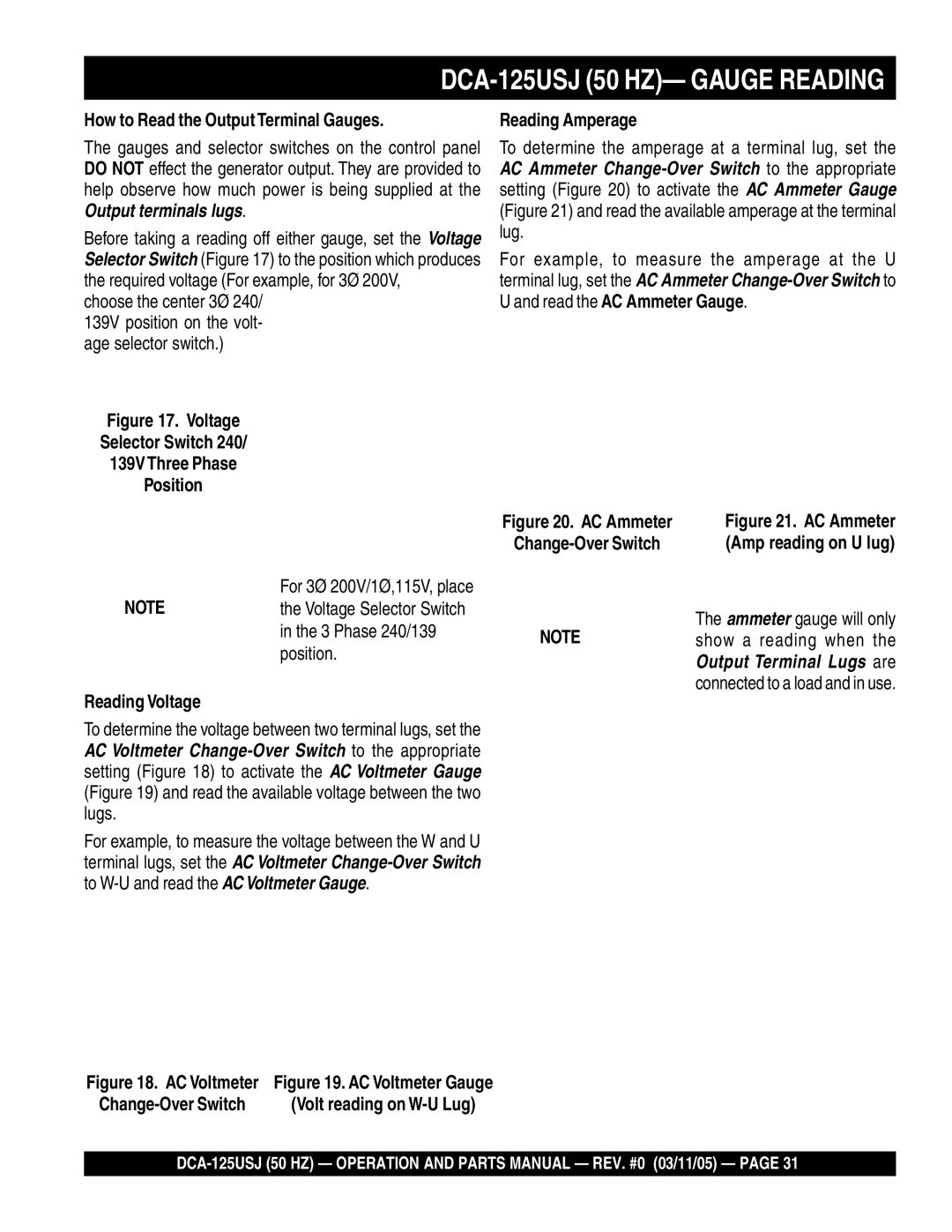 Multiquip operation manual DCA-125USJ 50 HZ- Gauge Reading, How to Read the OutputTerminal Gauges, Reading Amperage 