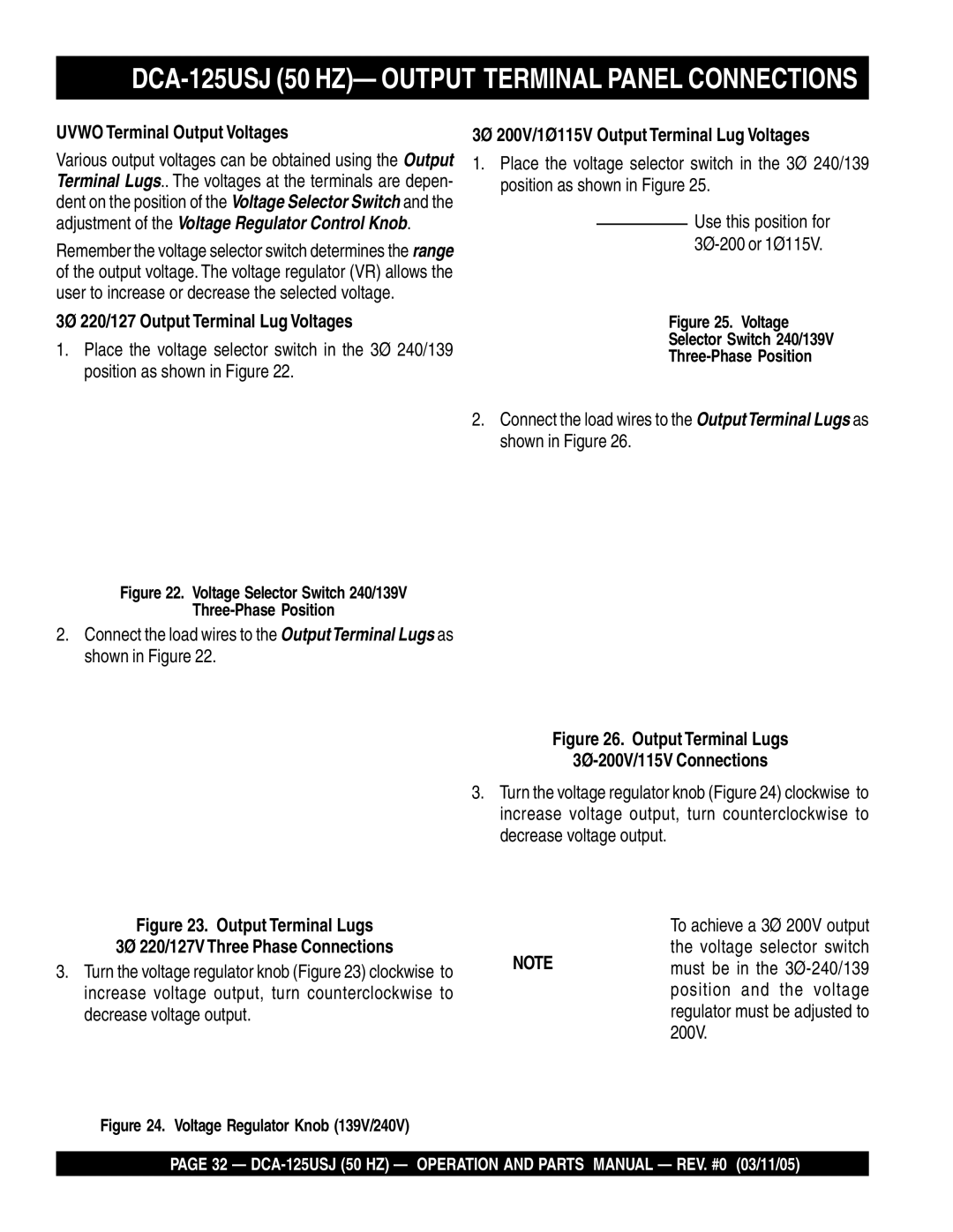 Multiquip operation manual DCA-125USJ 50 HZ- Output Terminal Panel Connections, Uvwo Terminal Output Voltages, 200V 