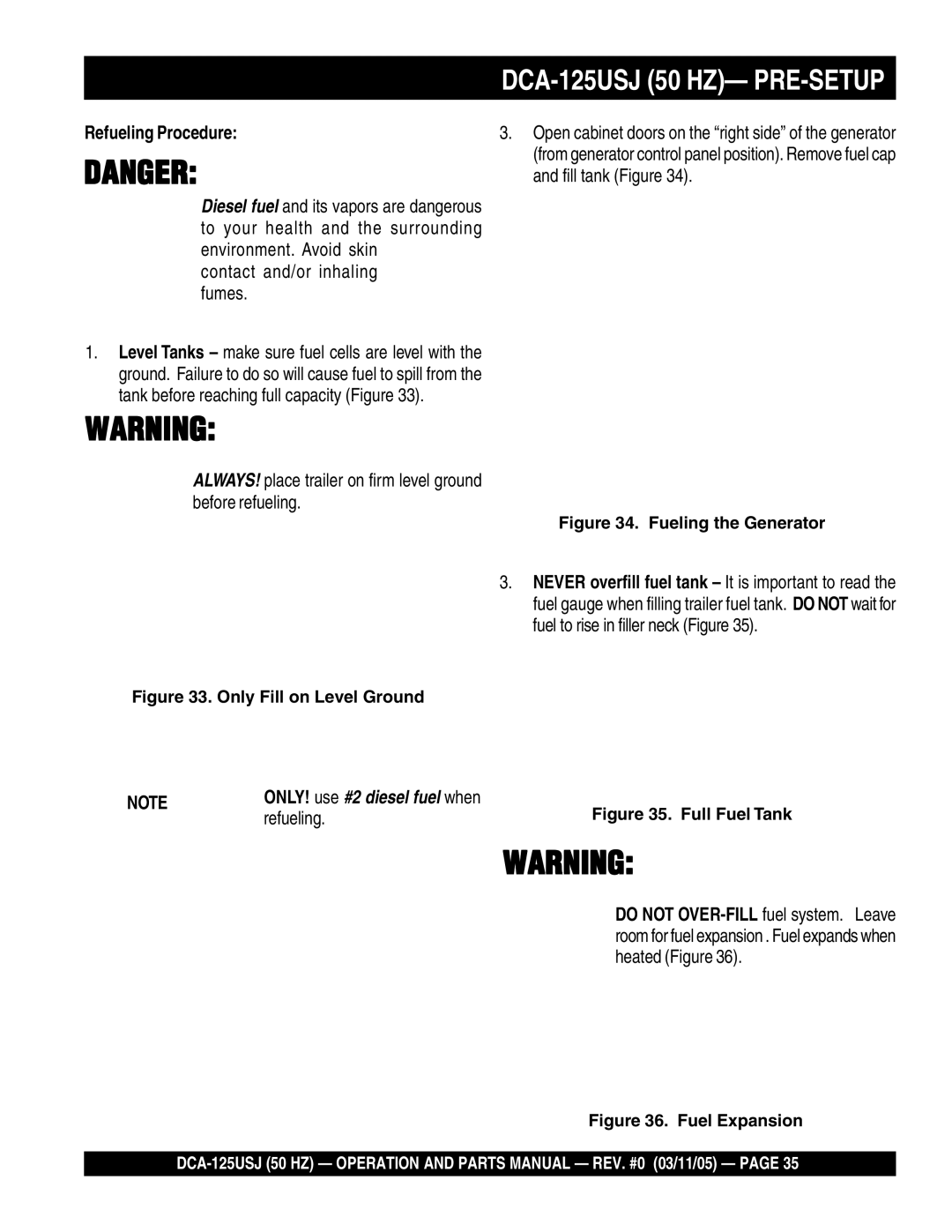 Multiquip operation manual DCA-125USJ 50 HZ- PRE-SETUP, Refueling Procedure, Contact and/or inhaling fumes 