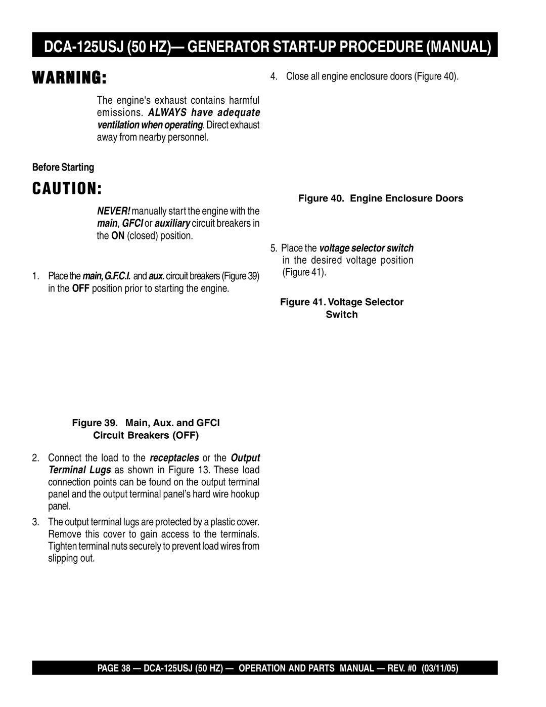 Multiquip operation manual DCA-125USJ 50 HZ- Generator START-UP Procedure Manual, Before Starting 