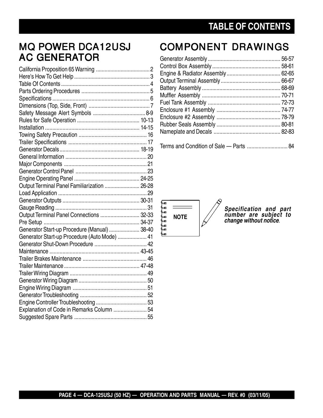 Multiquip DCA-125USJ operation manual Table of Contents 