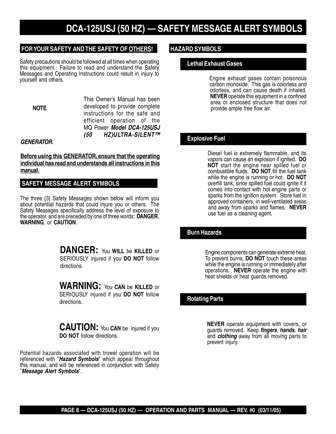 Multiquip operation manual DCA-125USJ 50 HZ Safety Message Alert Symbols, For Your Safety and the Safety of Others 