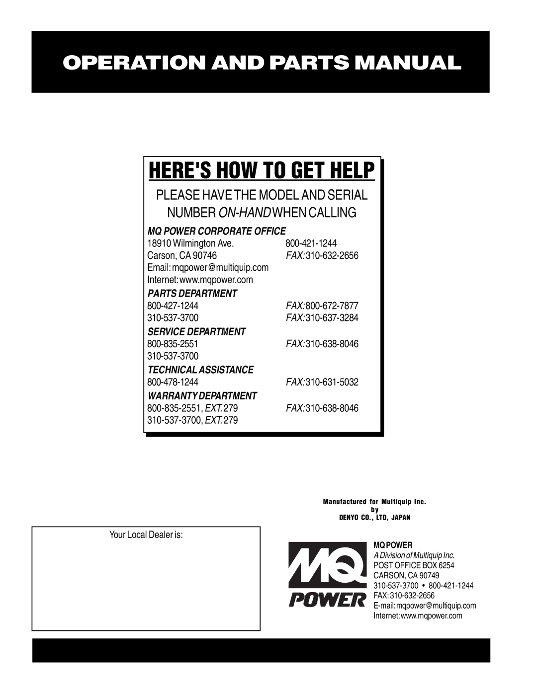 Multiquip DCA-125USJ operation manual Your Local Dealer is 