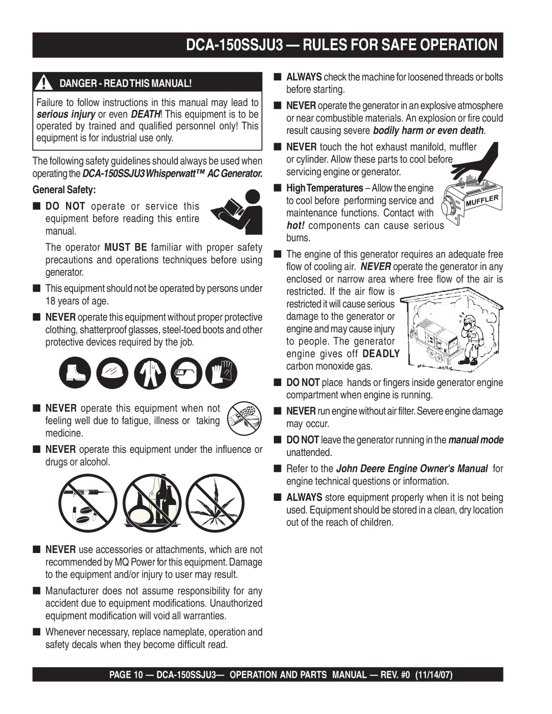 Multiquip operation manual DCA-150SSJU3 Rules for Safe Operation, General Safety 