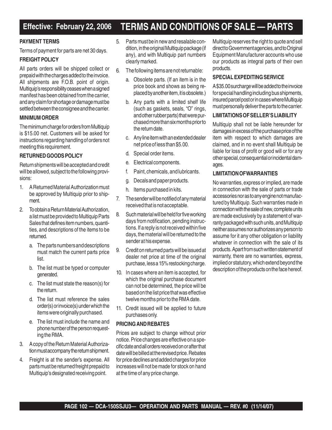 Multiquip DCA-150SSJU3 operation manual Payment Terms 