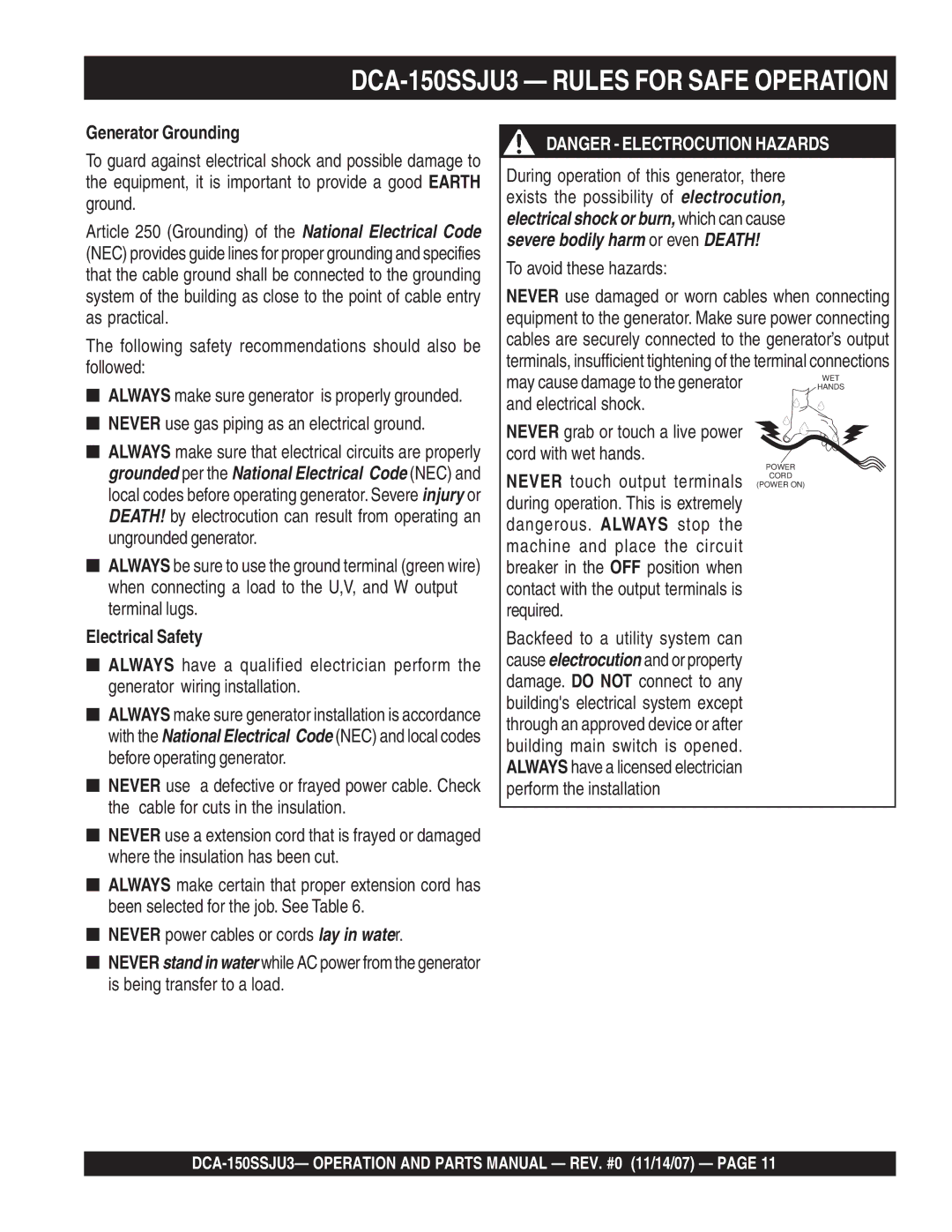 Multiquip operation manual DCA-150SSJU3 Rules for Safe Operation, Generator Grounding, Electrical Safety 