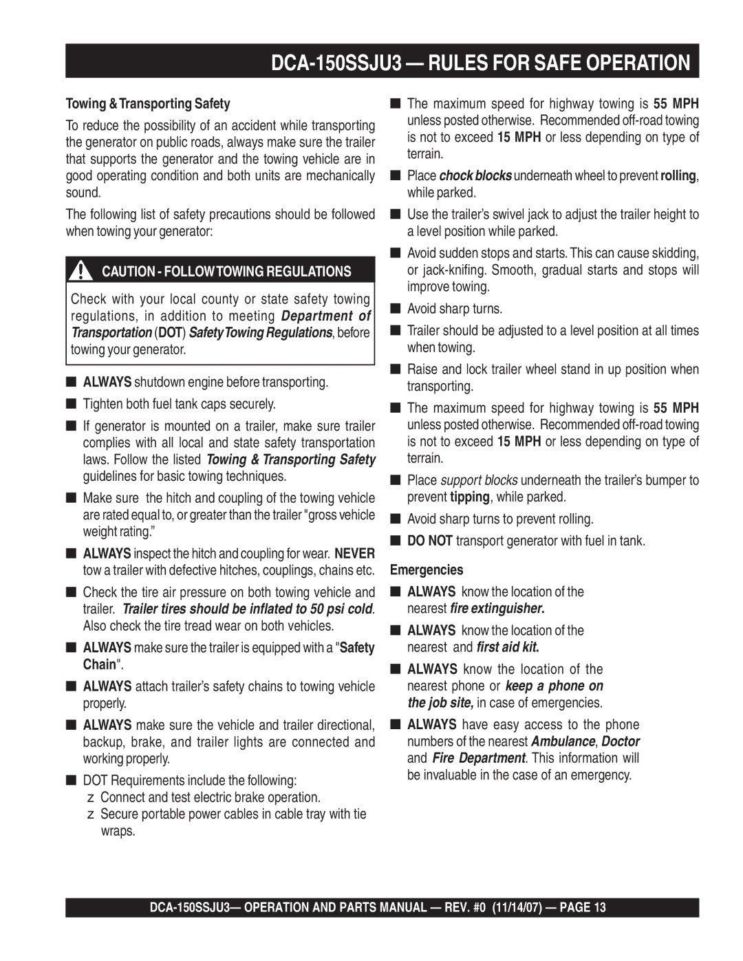 Multiquip DCA-150SSJU3 operation manual Towing &Transporting Safety, Emergencies 